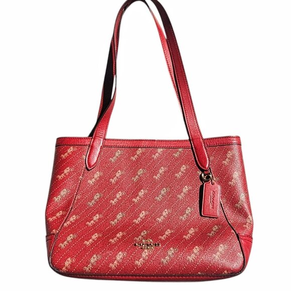 Coach Tote With Horse And Carriage Dot Print C4060 Red Gold Purse - Picture 1 of 15